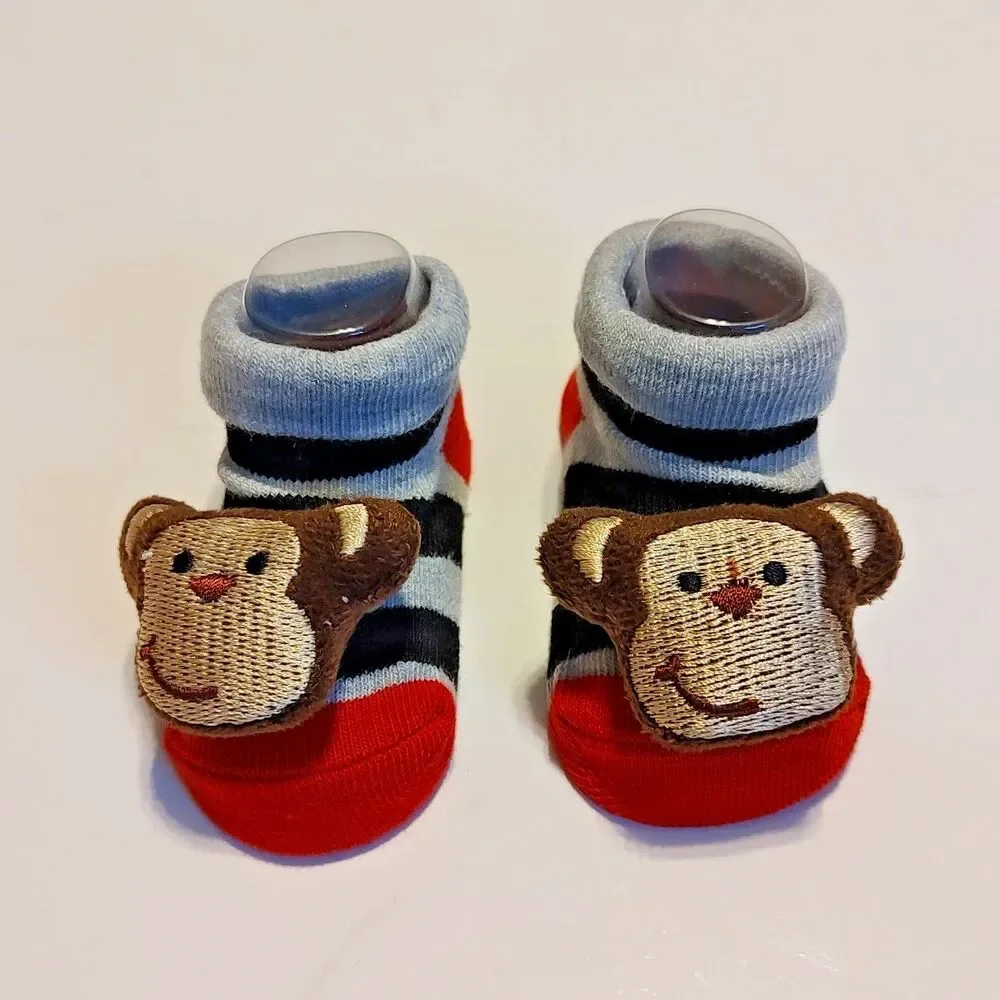 Monkey Head Face Infant Newborn Baby Texture Grip Socks Multicolor Strips NEW
